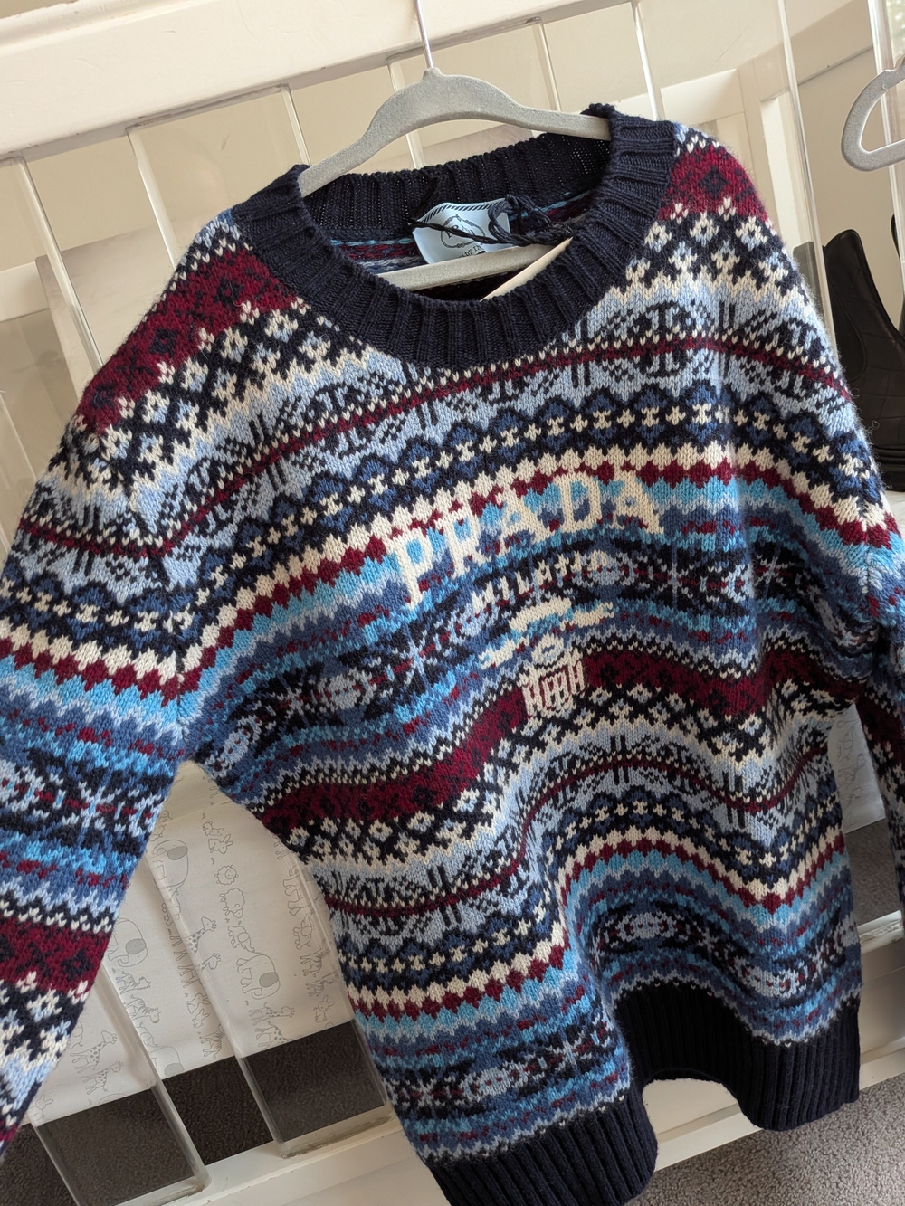 Prada Navy, Light Blue & Burgundy Fair Isle Crewneck Sweater